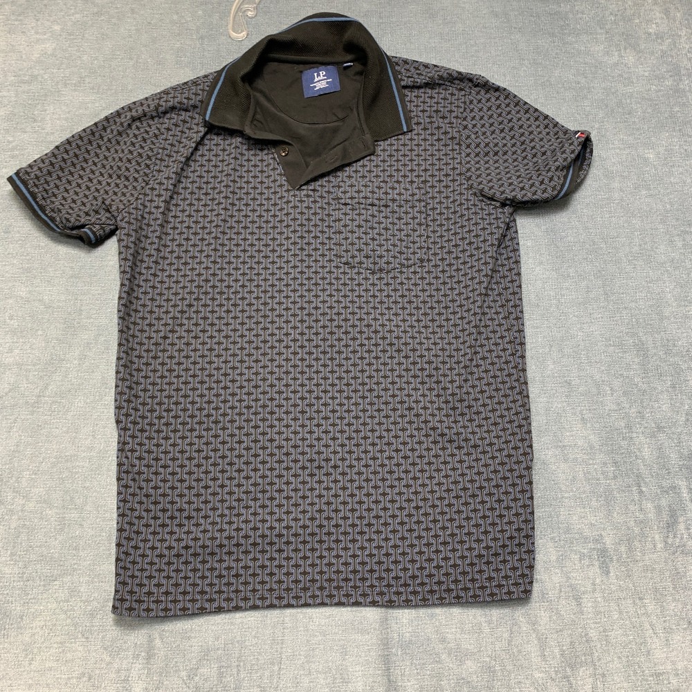 LP Louis Philippe Polo Shirt Mens Large Black Gray Geometric Print Short Sleeve